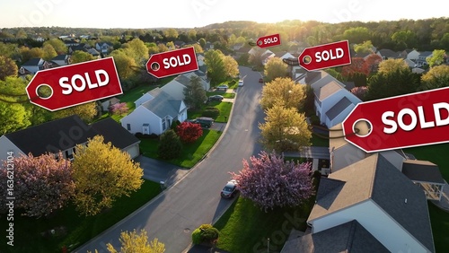 Fotografie Modern American neighborhood with animated sold tags over rooftops