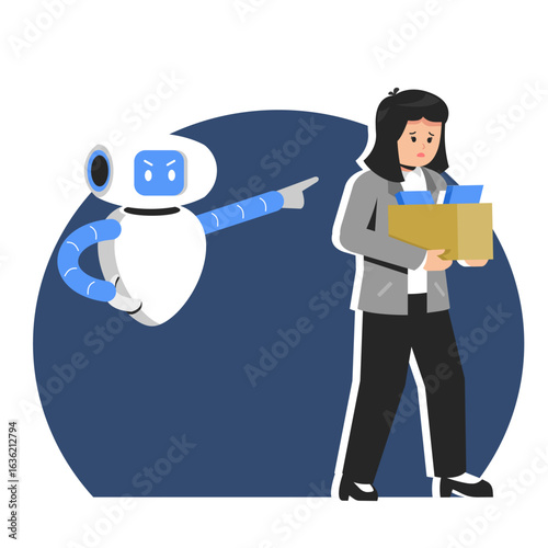 Fired office worker leaving her workplace and humanoid robot staring at her, the impact of AI on employment