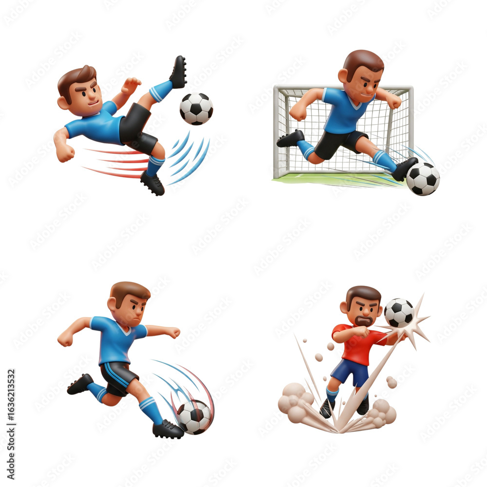 Fototapeta premium Four cartoon soccer players in action kicking and jumping