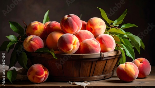 A still life of peaches in a wooden basket