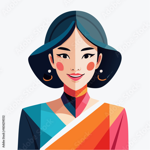 Colorful modern art portrait of a woman's face using geometric shapes and a vibrant palette, a stylized vector graphic illustration