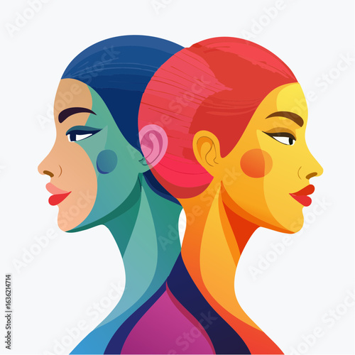 Abstract portrait of two women representing duality and contrasting personalities. Vector illustration with vibrant cool and warm colors.
