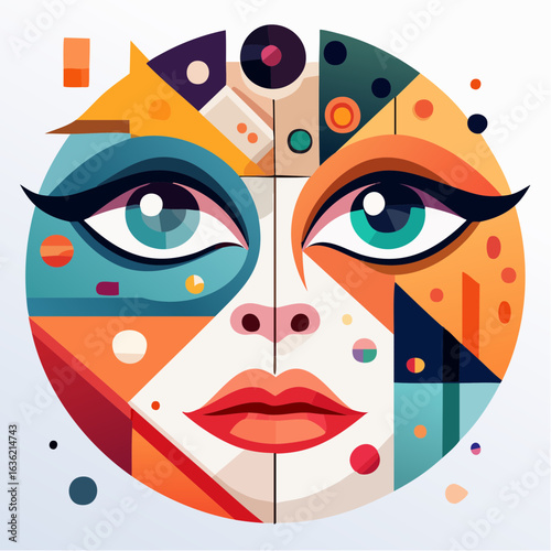 Colorful geometric abstraction of a female face, a modern and vibrant cubist style portrait illustration representing identity and creativity.
