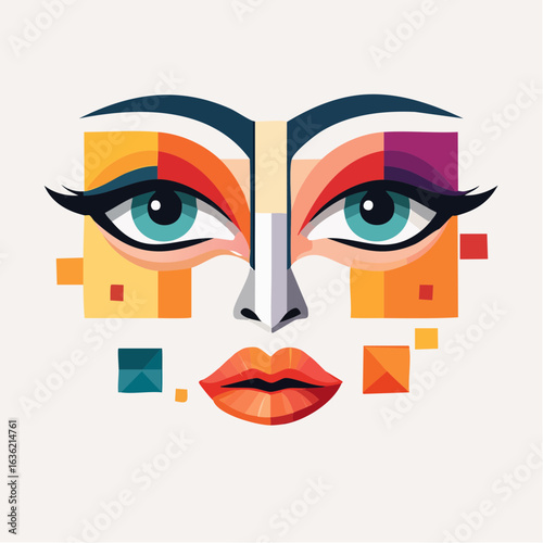 Vibrant pop art portrait of a woman's face with abstract geometric makeup, a modern digital illustration with colorful shapes and bold eyes.