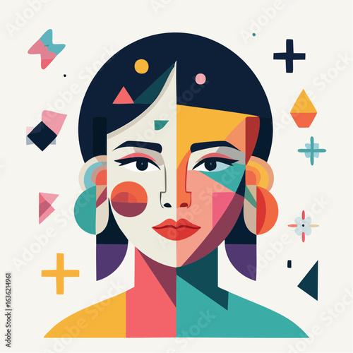 Abstract geometric portrait of a woman's face representing the duality of personality and modern identity in a colorful cubist style.