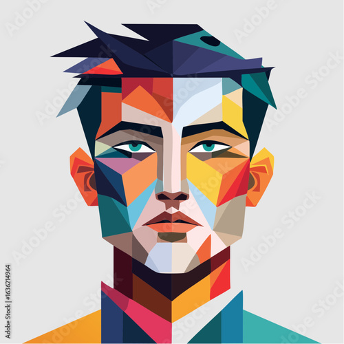 Faceted low poly portrait of a young man with a serious expression. Modern abstract digital art illustration of a colorful geometric face.