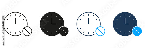 Clock With Pill Line And Solid Icon Set. Medication Timing, Prescription Schedule, And Dosage Management Symbol Collection. Healthcare And Medical Reminder. Isolated Vector Illustration