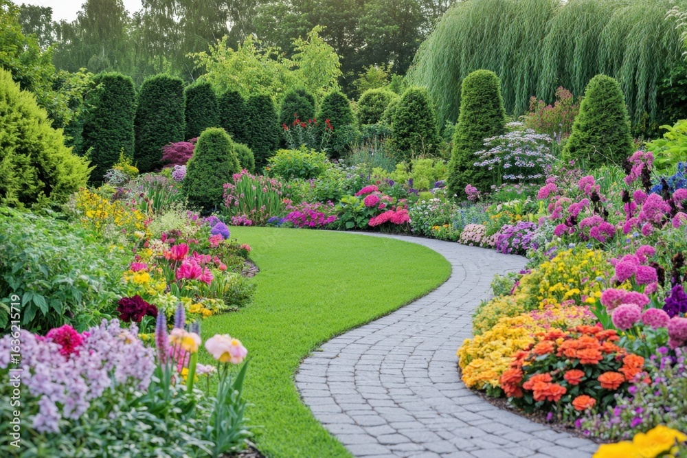 Obraz premium Colorful floral garden path winding through vibrant flower beds during a sunny day