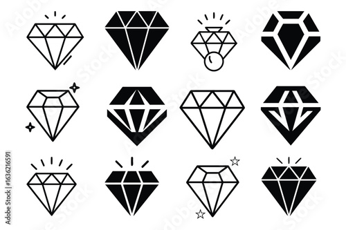 Collection of sparkling diamond and gemstone silhouette icons for jewelry or luxury design