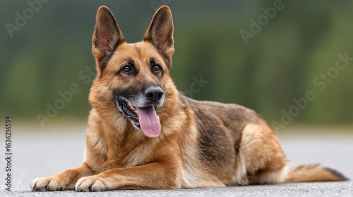 A German Shepherd lying down, exuding a calm demeanor with its tongue out, set against a blurred green background.