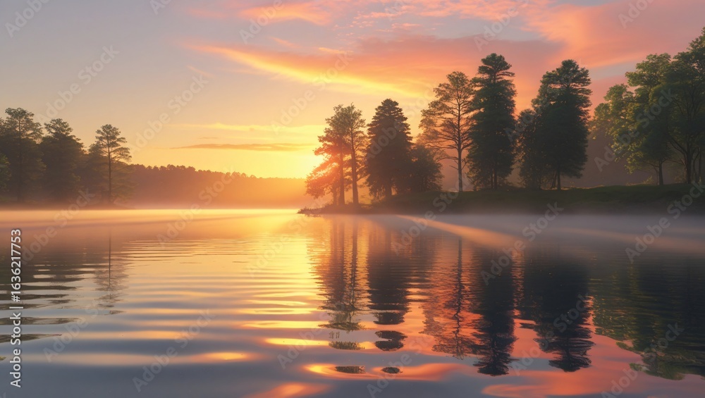 Obraz premium Golden sunrise over a calm lake, soft mist rising from the water, perfect reflection of trees and sky – cinematic photoreal landscape