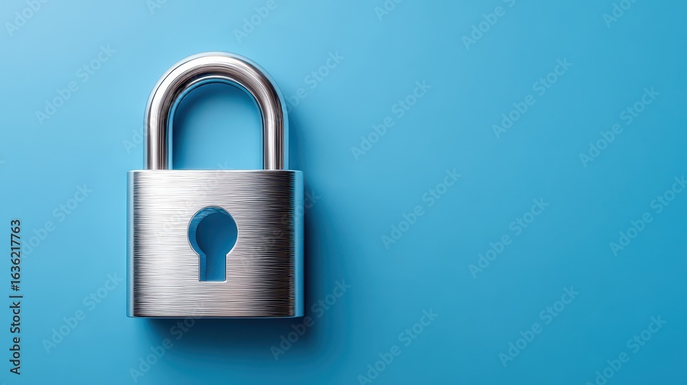 A shiny silver padlock on a bright blue background, symbolizing security and protection. A shiny silver padlock on a bright blue background, symbolizing security and protection.