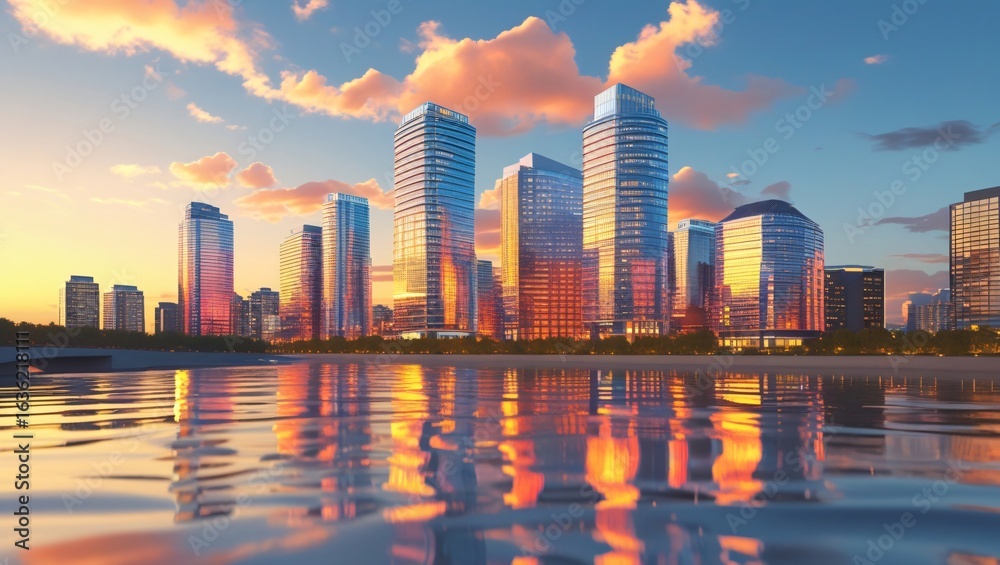 Fototapeta premium A modern city skyline with glass buildings reflecting golden sunset, river in foreground with soft ripples – photoreal urban view
