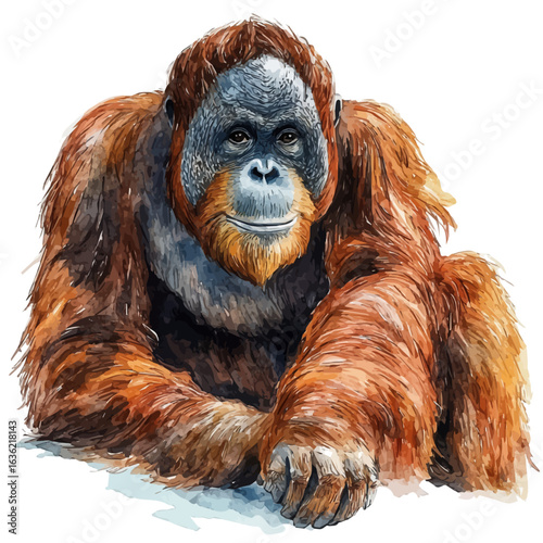 Orangutan, watercolor painting vector, isolated on a white background.