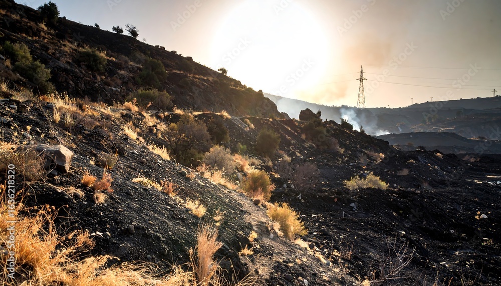 Fototapeta premium Landscape with Black Soil and Fading Sunlight on Hillside