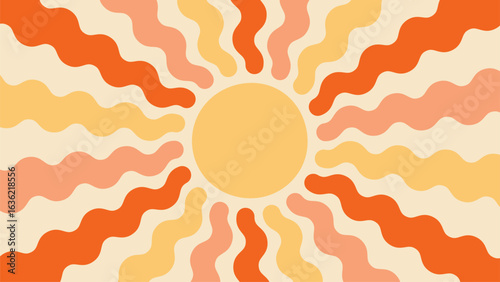 Retro background in groovy style with wavy sunshine. Hand drawn sun with colorful rays. Flat vector illustration EPS10.