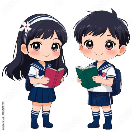 Cartoon illustration of two students in school uniforms, holding books, and ready for class.