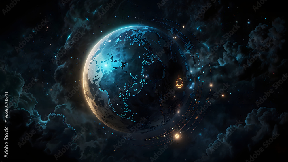 Obraz premium A digital painting of Earth in space, showcasing the landmasses of both North and South America. A bright, light blue energy source or phenomenon emanates from the surface, with glowing lines radiatin