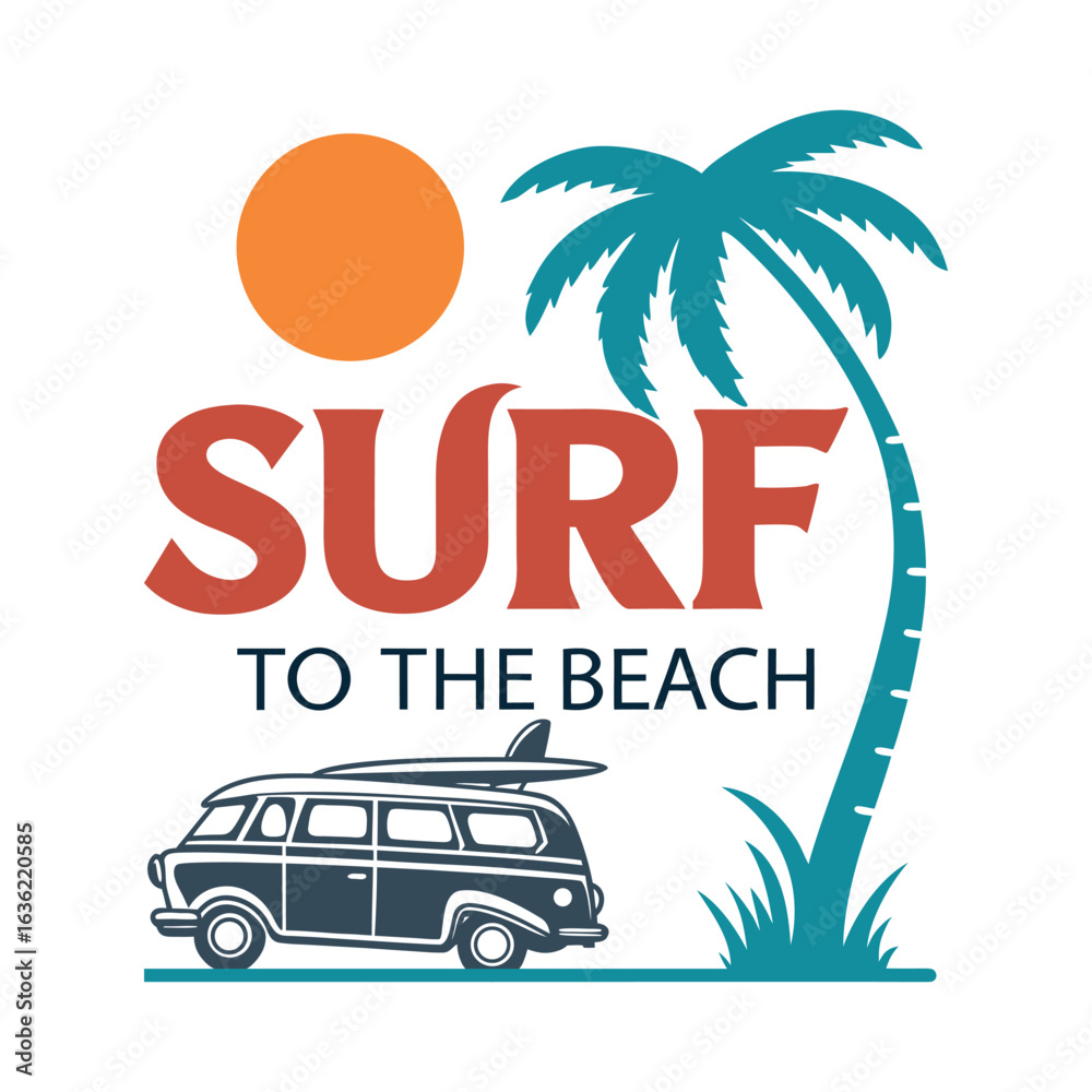Obraz premium Vintage surf van with surfboard under a palm tree and sun beach