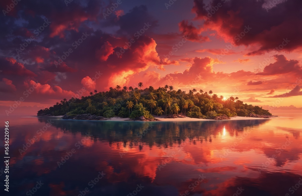 Obraz premium Tropical island covered in palm trees surrounded by calm water reflecting vibrant sunset with fiery red, purple clouds. Serene, tranquil scene, breathtaking, majestic peaceful remote nature