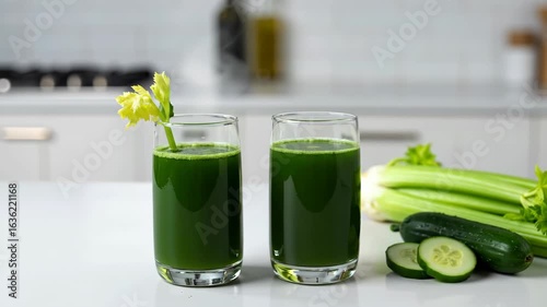 Green vegetable juice glasses celery garnish kitchen healthy nutrition detox cleanse wellness