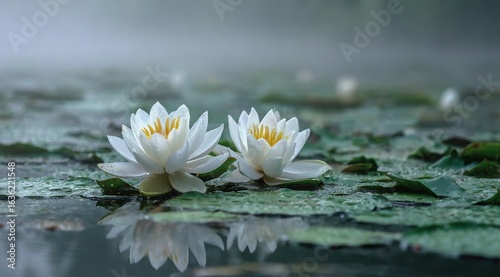 Beautiful white water lilies with green leaves floating on a serene lake at sunrise, surrounded by nature and calm waters, forming a harmonious landscape that radiates calm, renewal, and resilience.