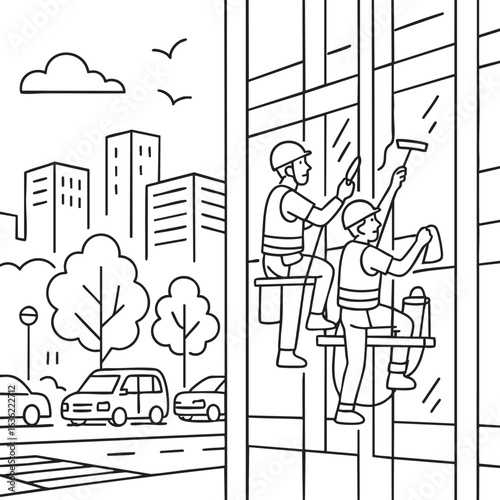 Two workers on suspended platforms cleaning tall glass building windows in urban setting. 