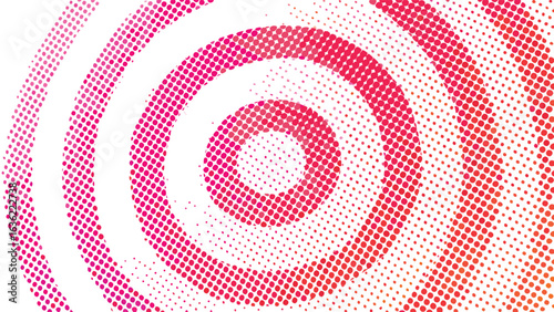 Concentric circles of pink and red dots on a white background creating a halftone pattern design effect