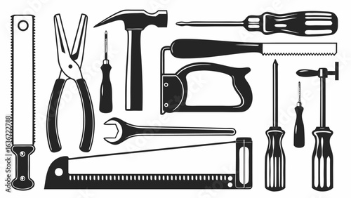 Illustration of various hand tools including saws, screwdrivers, pliers and a staple gun silhouette