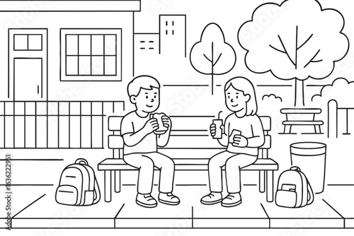 Two children sit on a bench outside a school eating sandwiches and drinking juice. 