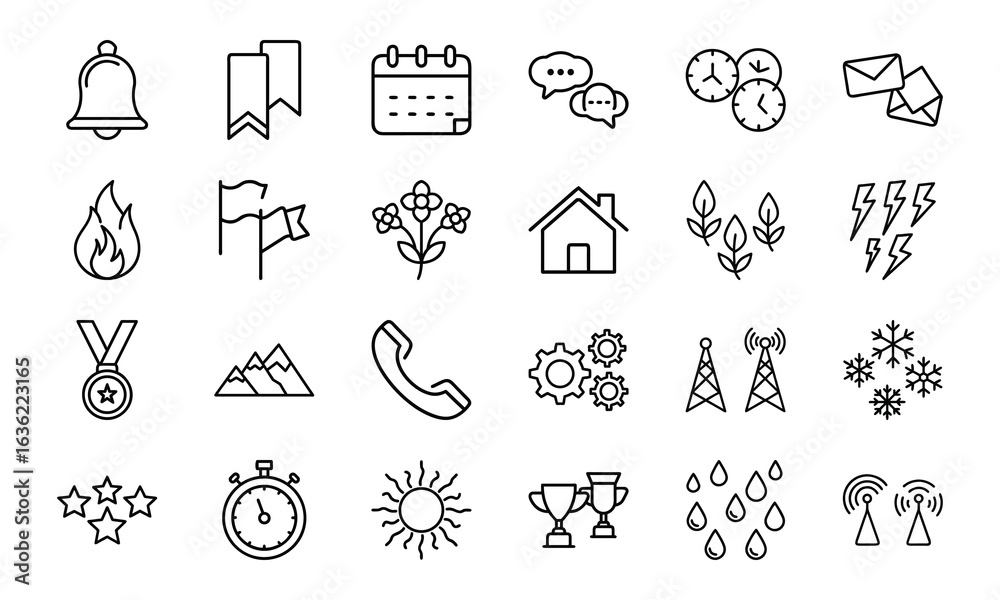 Fototapeta premium Minimalist Line Icon Set – Bell, Bookmark, Calendar, Chat, Clock, Email, Fire, Flag, Flower, Home, Leaf, Lightning, Medal, Mountain, Phone, Gear, Communication Tower, Snowflake, Star, Stopwatch, Sun
