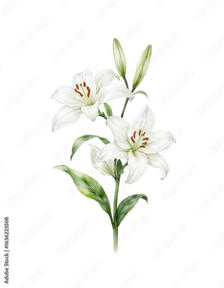 Obraz premium Hand drawn watercolor white lily flower illustration isolated on white background. Beautiful lily flowers with green leaves, petals. Botanical art, floral design, wedding decoration, elegant card.
