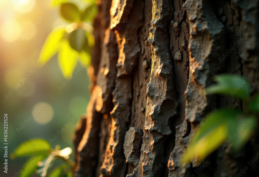 Fototapeta premium close textured tree bark sunlight nature details organic surface patterns roughness, wood, grain, shadow, macro, forest, flora, timber, landscape, plant