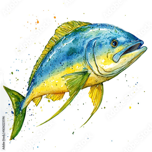 Mahi-mahi, watercolor drawing vector, isolated on a white background.