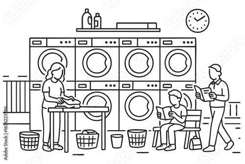 Indoor laundromat scene with people reading and folding clothes surrounded by washing machines. 