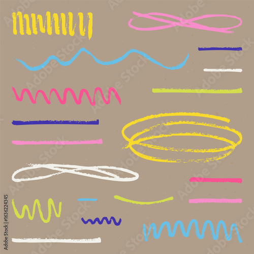 Realistic Brush Drawn Sketch. Set of Design Elements Bright Colorful Squiggles and Lines Isolated on Craft Paper.