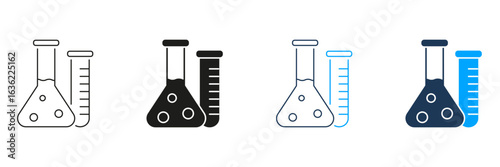 Laboratory Flask And Test Tube Line And Solid Icon Set. Scientific Experimentation And Chemical Analysis Symbol Collection. Research And Innovation Tools. Isolated Vector Illustration