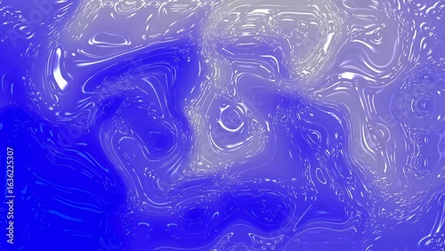 Abstract blue and white liquid surface with swirling patterns and glossy texture creating a fluid background