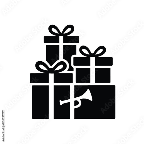 Stack of Black Gift Boxes with Bows and Trumpet Icon present package
