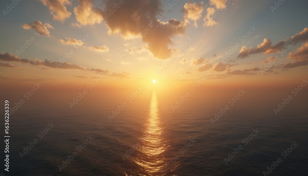 Obraz premium Image features sunrise over tranquil ocean. Golden sun rises above horizon. Sky clouds, water reflects sunlight. Photo evokes calm mood, suitable for travel, relaxation content, meditation.