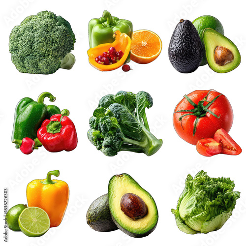 Fresh vibrant fruits and vegetables.  A colorful array of produce, including broccoli, peppers, oranges, avocados, tomatoes, and leafy greens.  