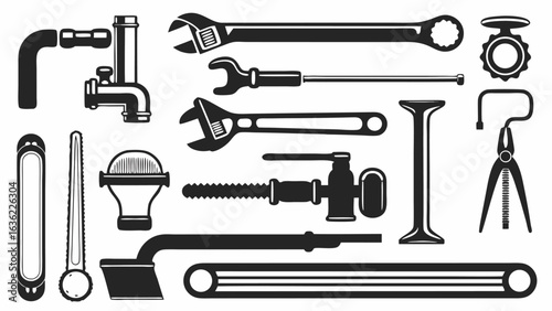 Illustration of assorted plumbing and mechanical tools in black and white vector format design element silhouette