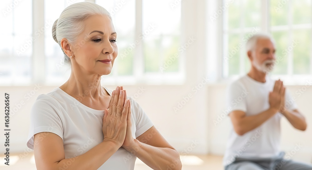 Fototapeta premium Elderly couple practicing yoga and meditation together, finding peace and balance in a bright, serene setting