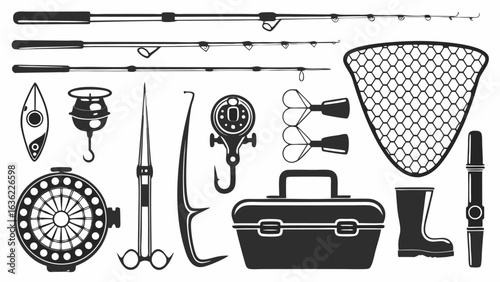 Illustration of various fishing equipment including rods reels and tackle box in monochrome style design is silhouette