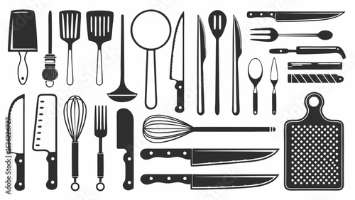 Illustration of a collection of kitchen utensils including knives spatulas and a cutting board set up nicely silhouette
