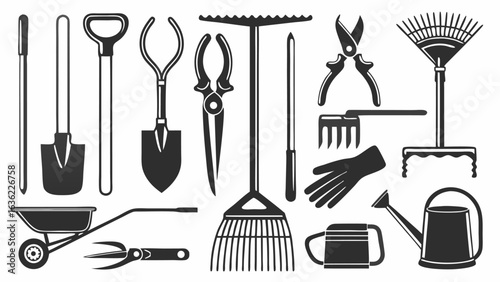 Illustration of various gardening tools including shovels rakes shears and watering cans in monochrome style silhouette