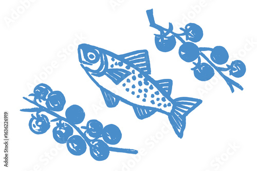 Fish and tomato branches bold linocut style vector illustration