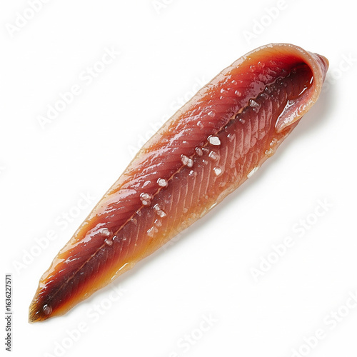 A pristine and detailed representation of a delicate anchovy fillet, its smooth texture and rich, oily sheen in sharp focus copy
