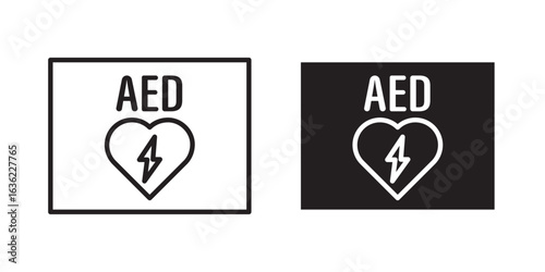 Defibrillator Icon vector illustration stroke and fill on white background. Seto of AED emergency defibrillator icon sign symbol. First aid Automated external defibrillator.
