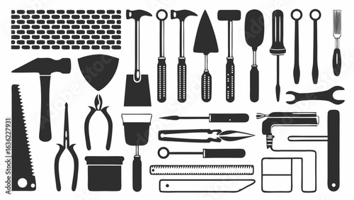 Illustration of various construction and repair tools including hammers saws and trowels in black and white silhouette